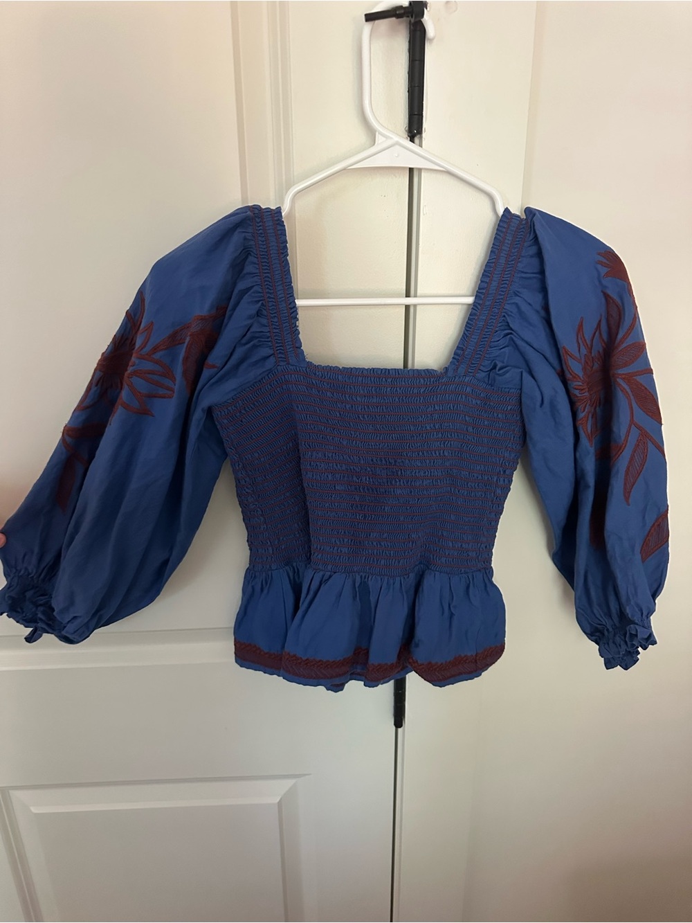Blue Smocked Square-Neck Peasant Blouse with Brick Embroidery